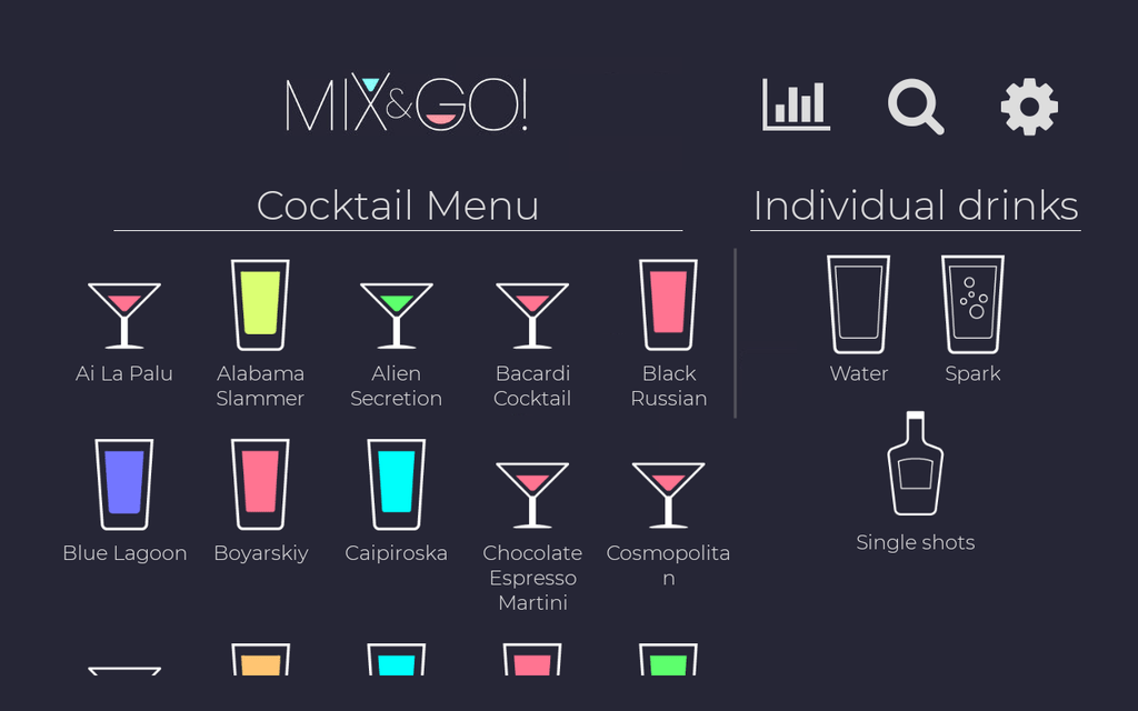 Zerica Mix&Go! koktélválasztó képernyő