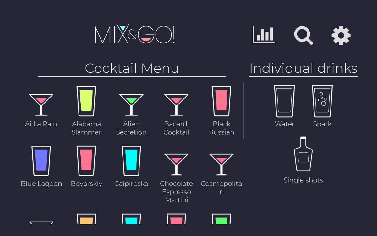 Zerica Mix&Go! koktélválasztó képernyő